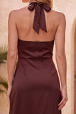 Cabernet Satin Sheath Halter Maxi Wedding Guest Dress with Slit