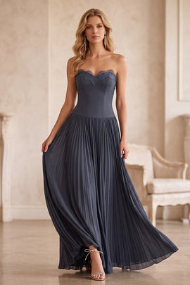 Grey Blue A-Line Chiffon Pleated Long Wedding Guest Dress with Lace