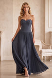 Grey Blue A-Line Chiffon Pleated Long Wedding Guest Dress with Lace