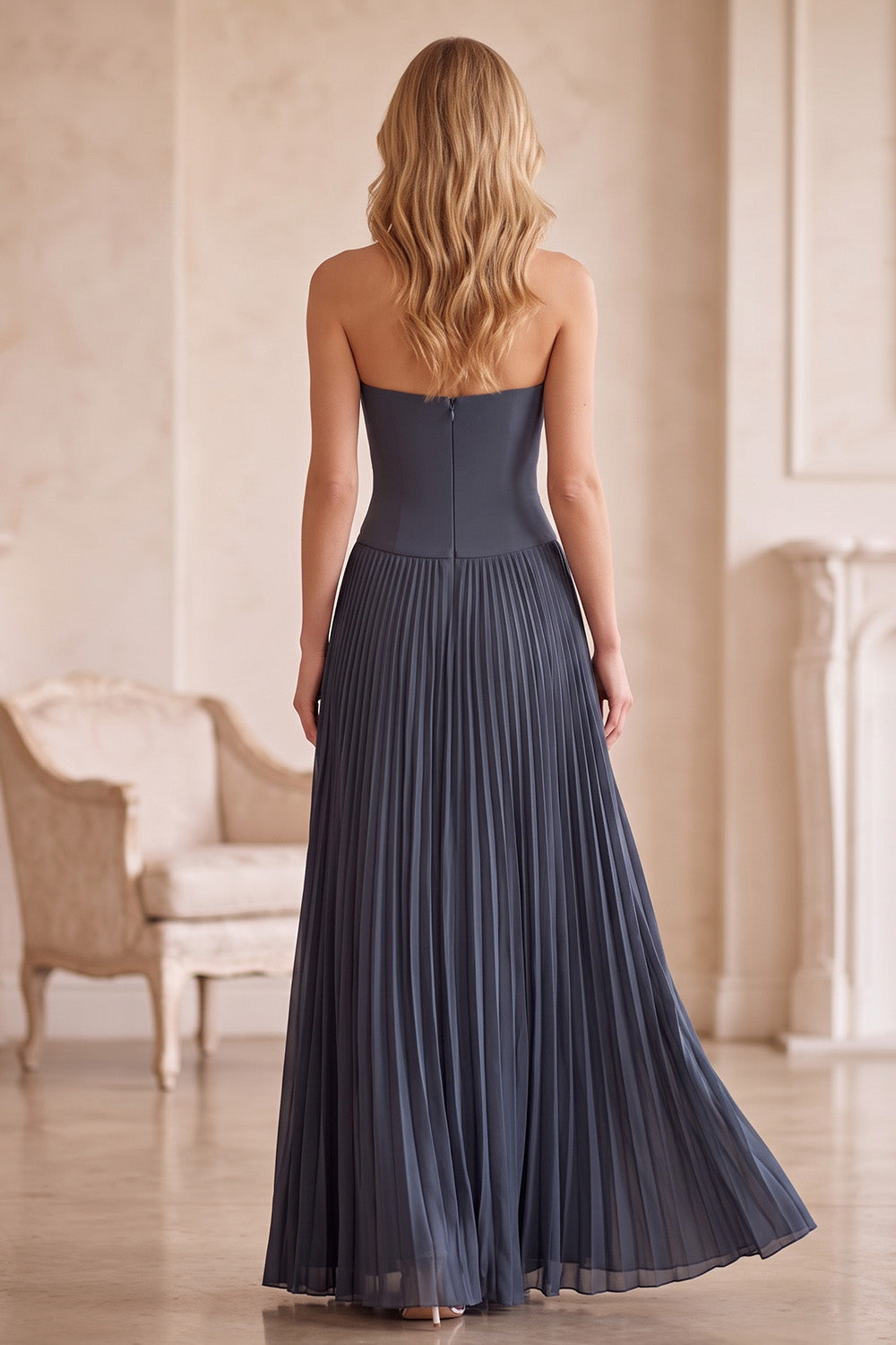 Grey Blue A-Line Chiffon Pleated Long Wedding Guest Dress with Lace