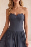 Grey Blue A-Line Chiffon Pleated Long Wedding Guest Dress with Lace