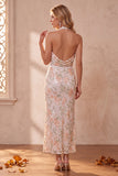 Sparkly Ivory Floral Sheath Sequin Backless Maxi Wedding Guest Dress with Lace