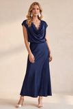 Navy Satin Cowl Cap Sleeves Maxi Wedding Guest Dress with Lace