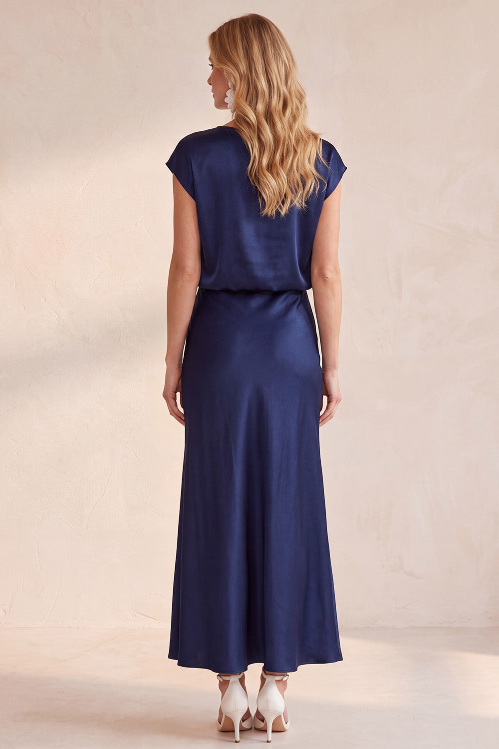 Navy Satin Cowl Cap Sleeves Maxi Wedding Guest Dress with Lace