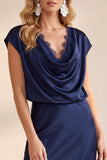 Navy Satin Cowl Cap Sleeves Maxi Wedding Guest Dress with Lace