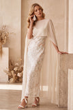 Sparkly Ivory Floral Sheath Sequin Maxi Wedding Guest Dress with Cape