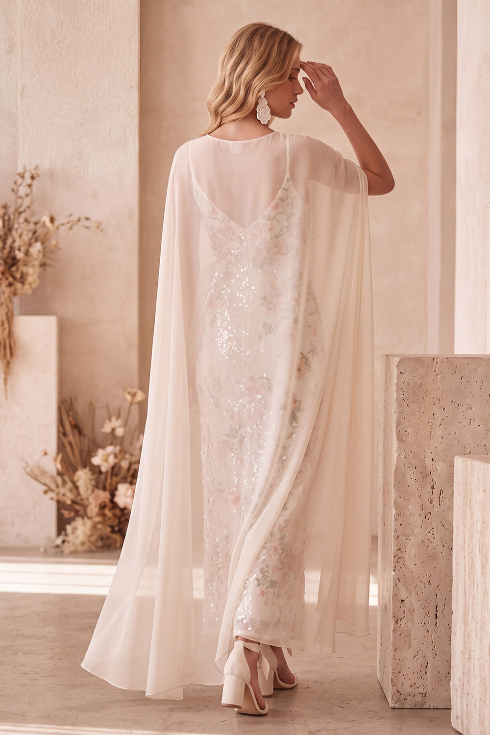 Sparkly Ivory Floral Sheath Sequin Maxi Wedding Guest Dress with Cape