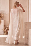 Sparkly Ivory Floral Sheath Sequin Maxi Wedding Guest Dress with Cape