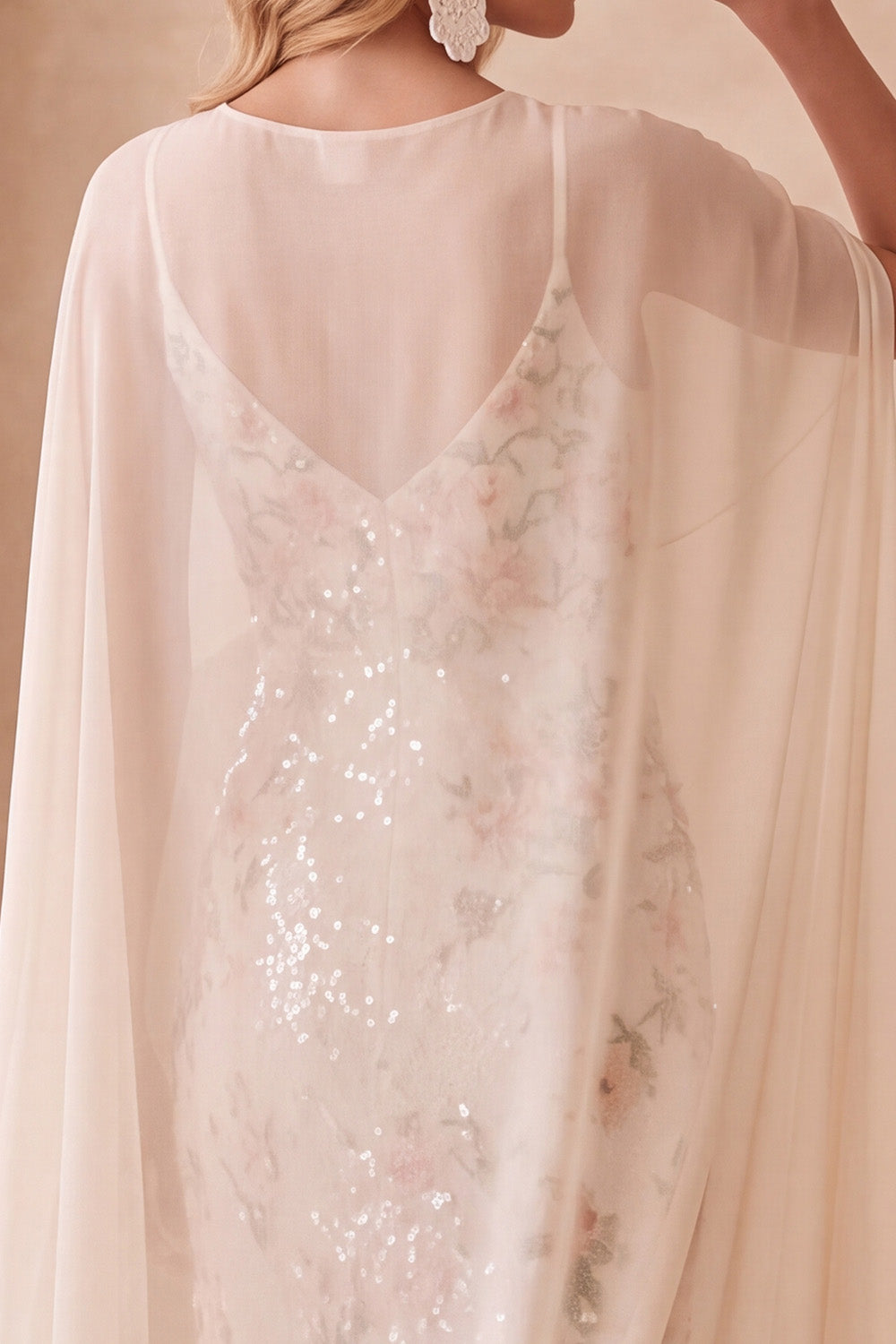 Sparkly Ivory Floral Sheath Sequin Maxi Wedding Guest Dress with Cape