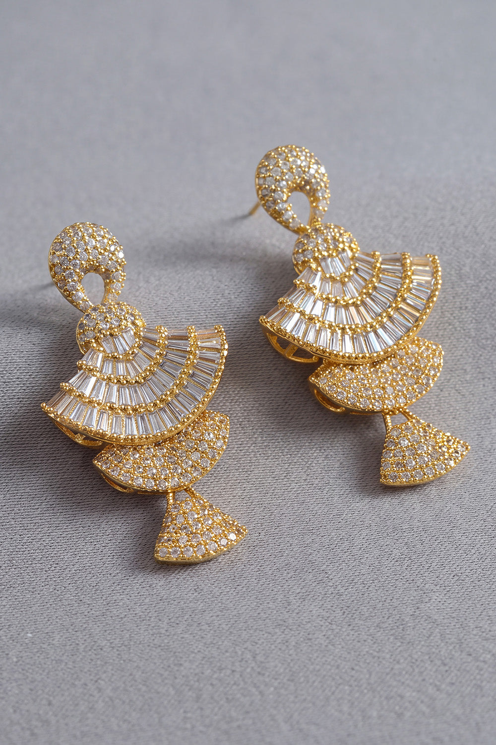 Luxury Champagne 4-Tier Fan Shaped CZ Dangle Earrings