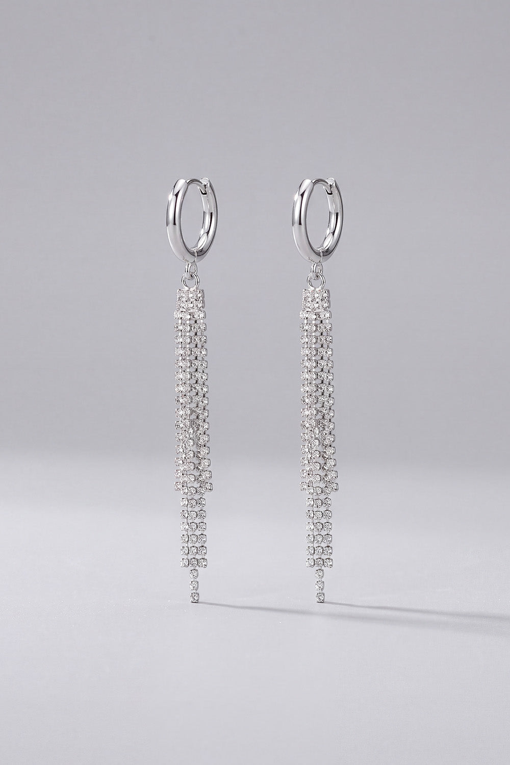 Sparkly Silver Rhinestone Waterfall Fringe Tassel Huggie Long Drop Earrings