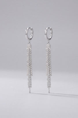 Sparkly Silver Rhinestone Waterfall Fringe Tassel Huggie Long Drop Earrings