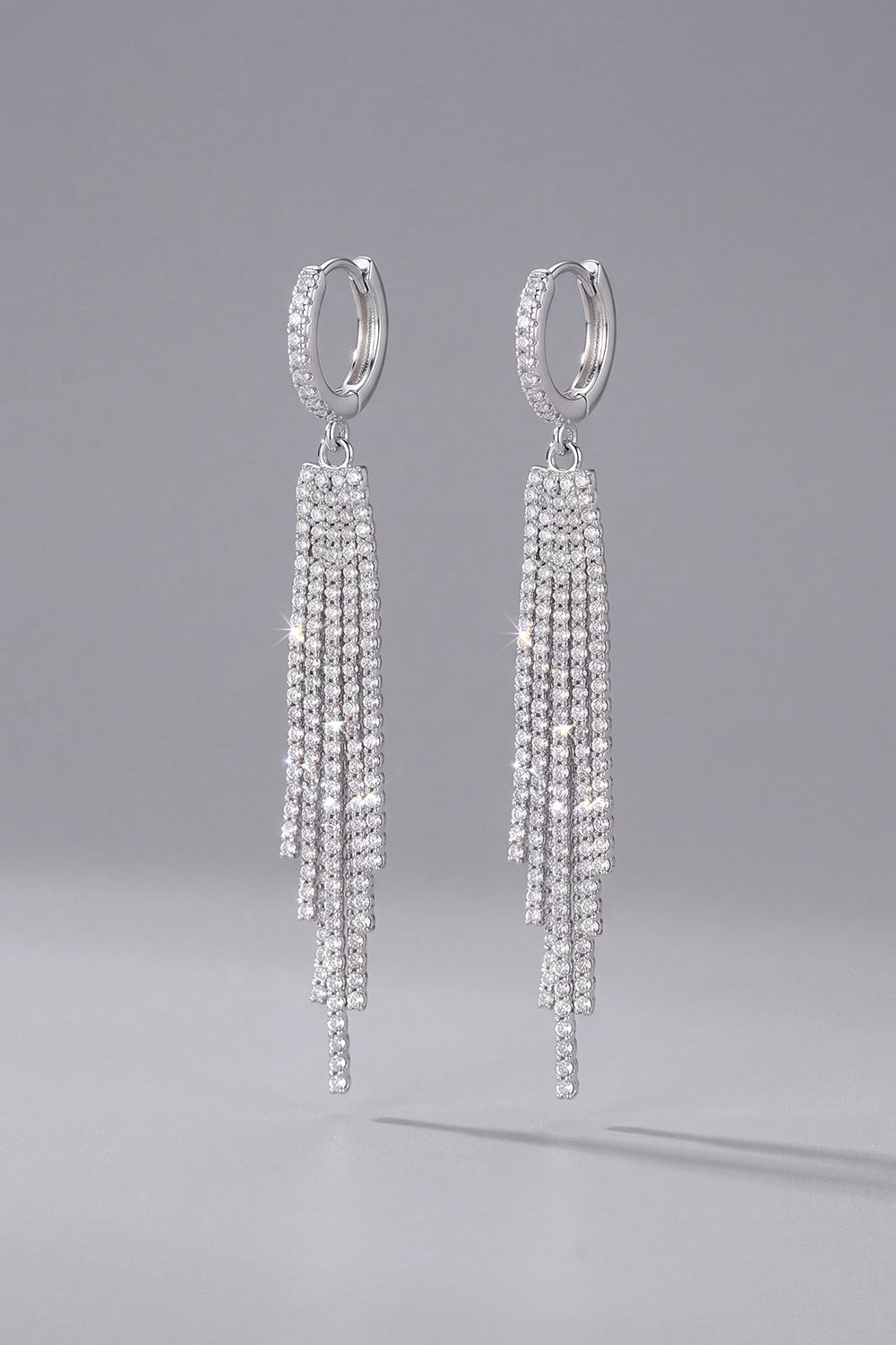 Sparkly Silver Rhinestone Waterfall Fringe Tassel Huggie Long Drop Earrings