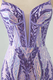 Sparkly Dark Purple Spaghetti Straps Corset Homecoming Dress with Sequins