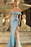 Sparkly Blue Mermaid Off the Shoulder Long Corset Prom Dress with Slit