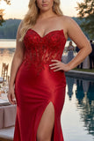 Sparkly Royal Blue Plus Size Mermaid Appliqued Long Corset Prom Dress with Slit