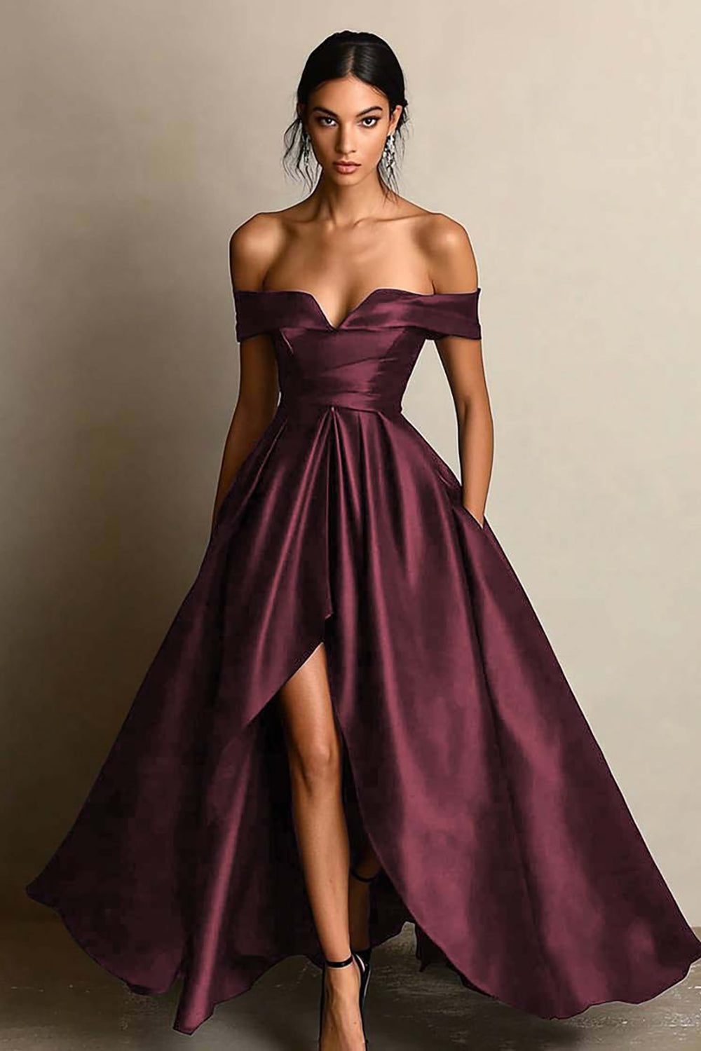 Black Satin A Line Off the Shoulder Long Formal Dress with Slit