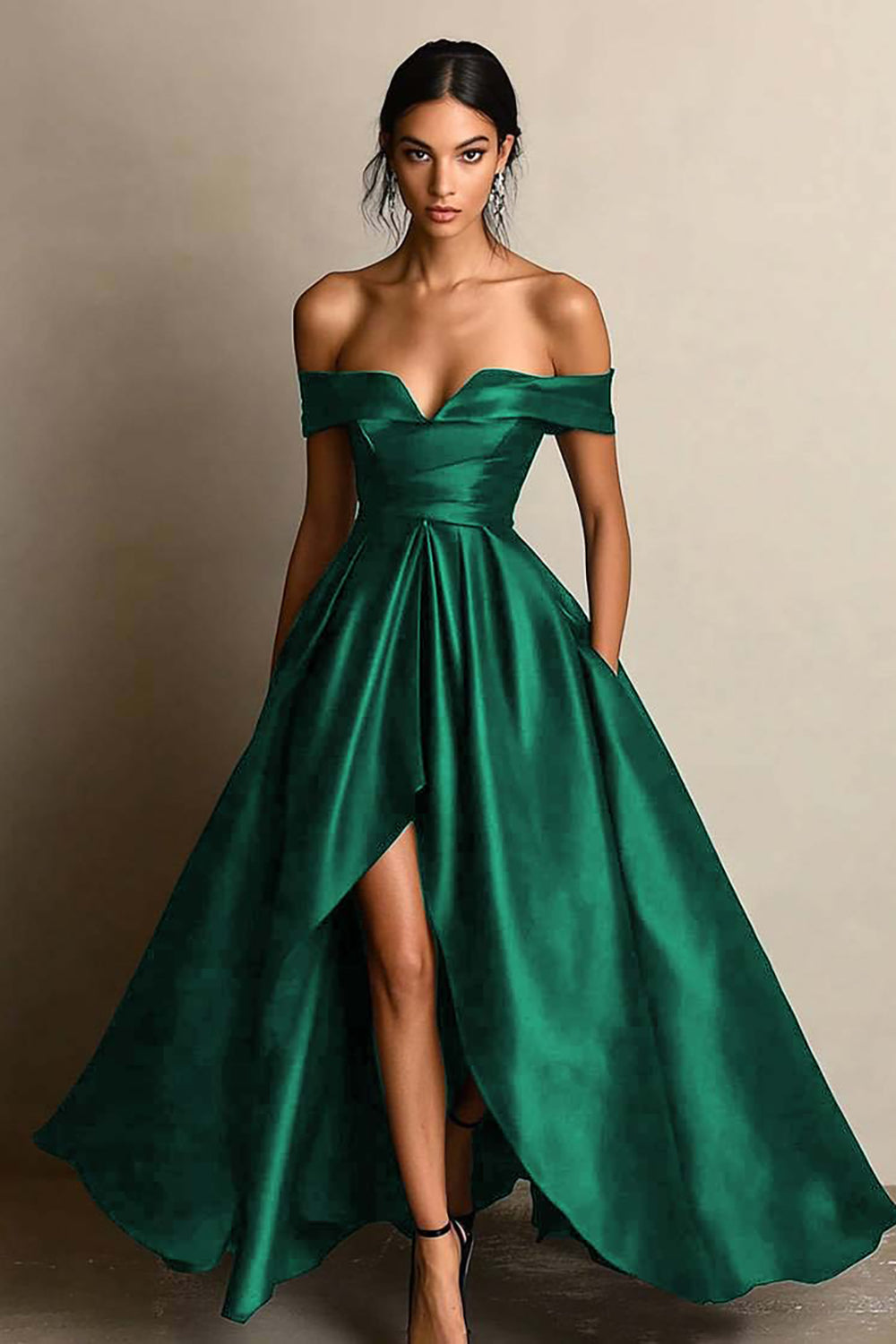 Black Satin A Line Off the Shoulder Long Formal Dress with Slit
