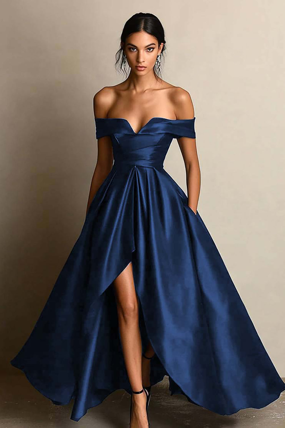 Black Satin A Line Off the Shoulder Long Formal Dress with Slit