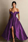 Black Satin A Line Off the Shoulder Long Formal Dress with Slit