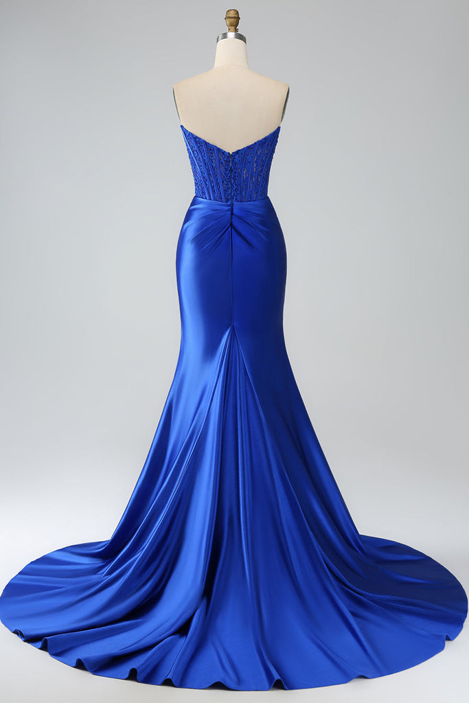 Royal Blue Mermaid Corset Sweetheart Long Prom Dresses With Slit, PL602 main image 1
