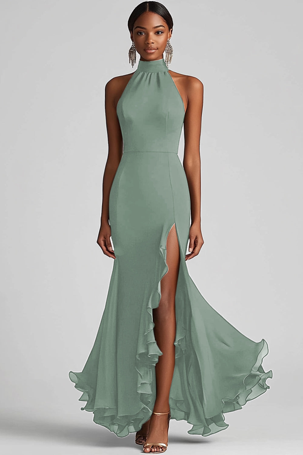 halter neck formal dress Zapakasa Women Halter Neck Prom Dress Black Ruffled Mermaid Long Formal Dress with Slit