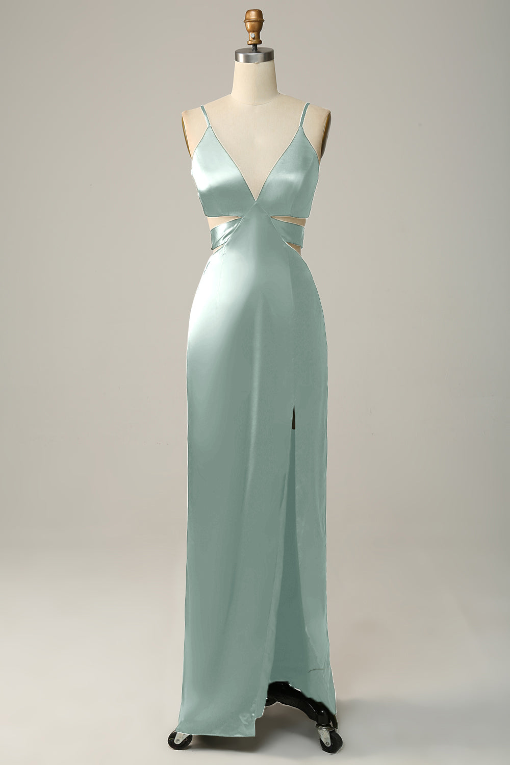 Spaghetti Straps Eucalyptus V neck Bridesmaid Dress
