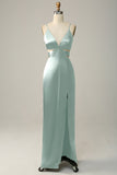 Spaghetti Straps Eucalyptus V neck Bridesmaid Dress