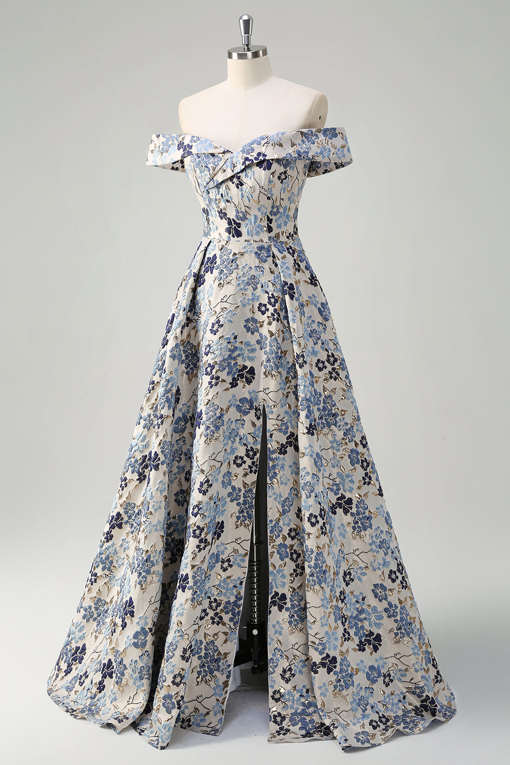 Blue Flower Jacquard Off The Shoulder Long Prom Dress