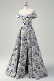 Blue Flower Jacquard Off The Shoulder Long Prom Dress
