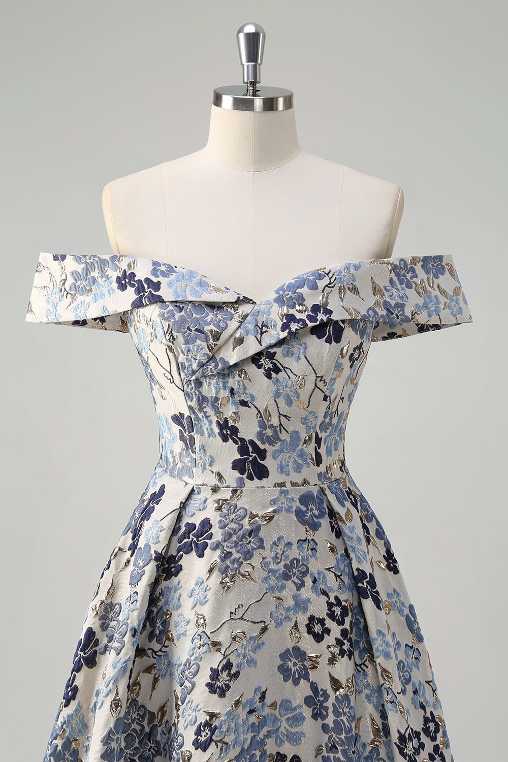 Blue Flower Jacquard Off The Shoulder Long Prom Dress