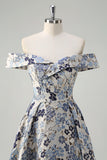 Blue Flower Jacquard Off The Shoulder Long Prom Dress