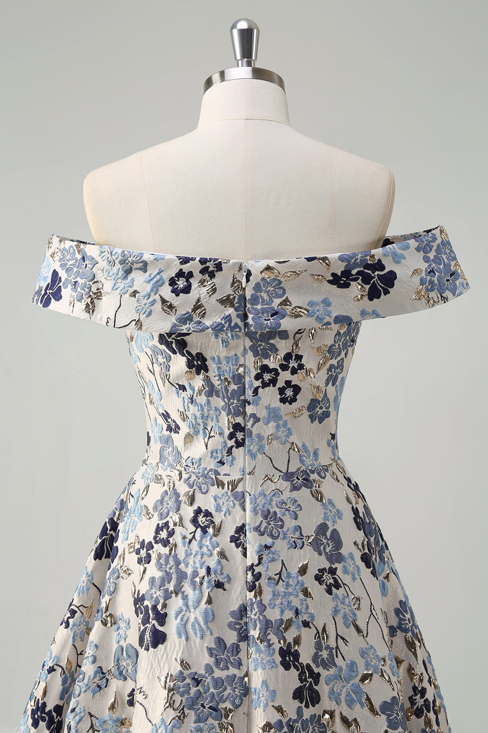 Blue Flower Jacquard Off The Shoulder Long Prom Dress