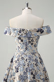 Blue Flower Jacquard Off The Shoulder Long Prom Dress