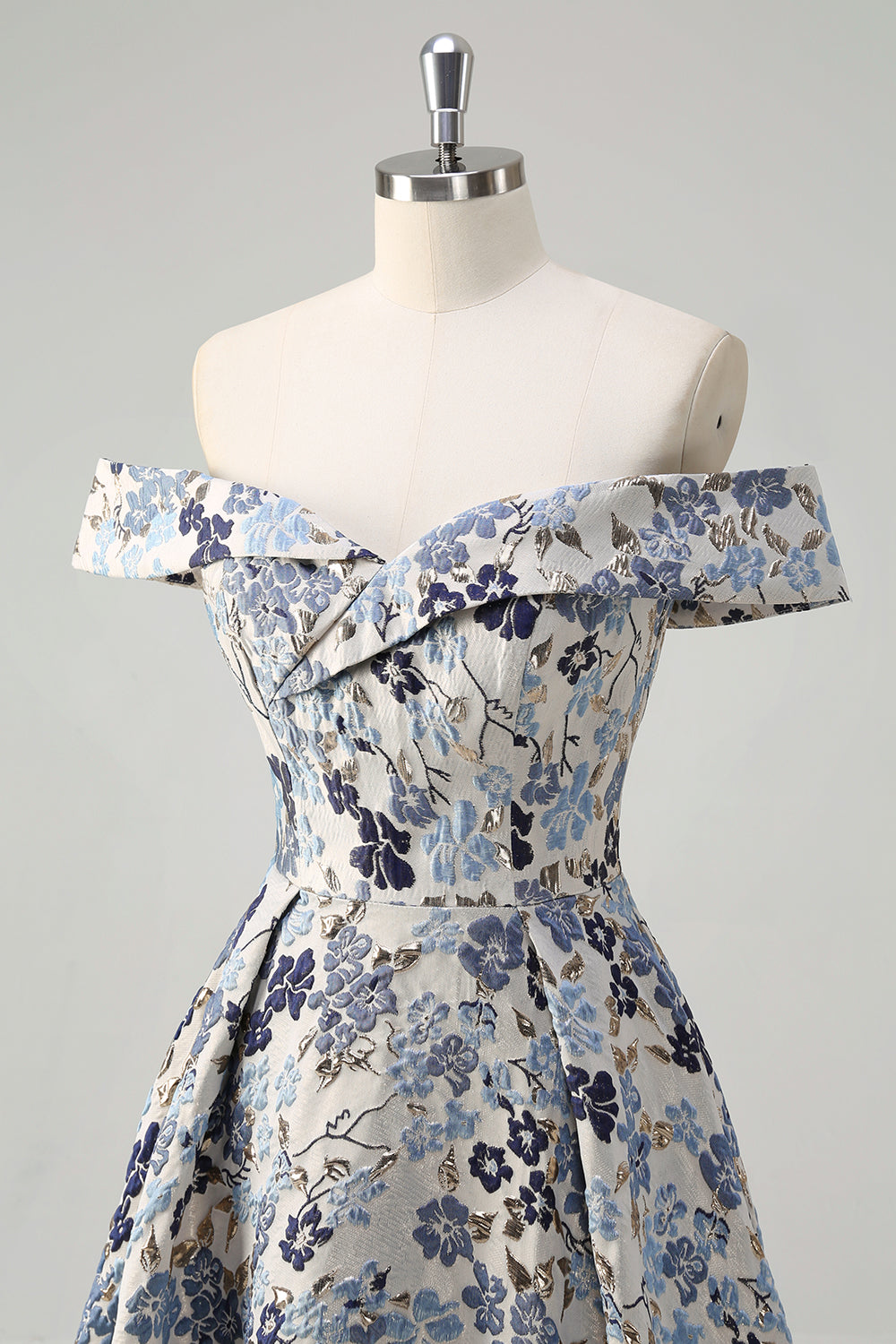 Blue Flower Jacquard Off The Shoulder Long Prom Dress