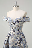 Blue Flower Jacquard Off The Shoulder Long Prom Dress