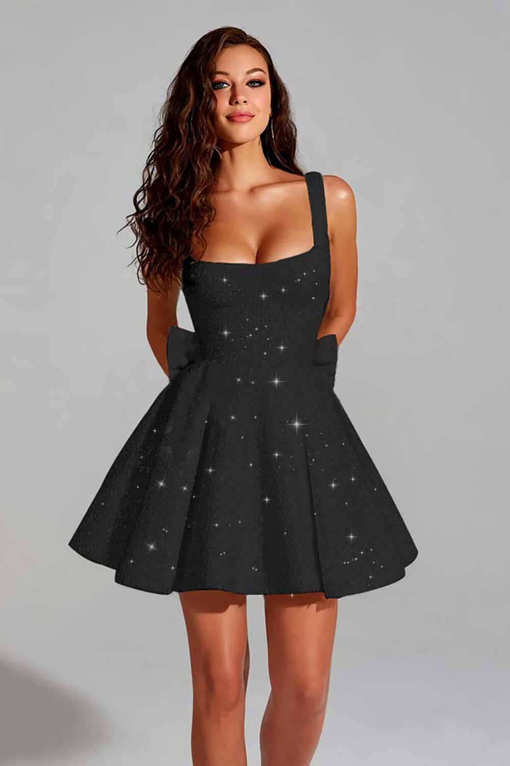 Sparkly Ivory Sequin Scoop A Line Short Homecoming Dress with Bow