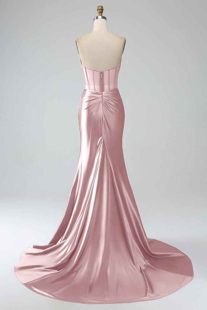 Strapless Long Sheath Chiffon Gown with Slit Blushing Pink Plus Size