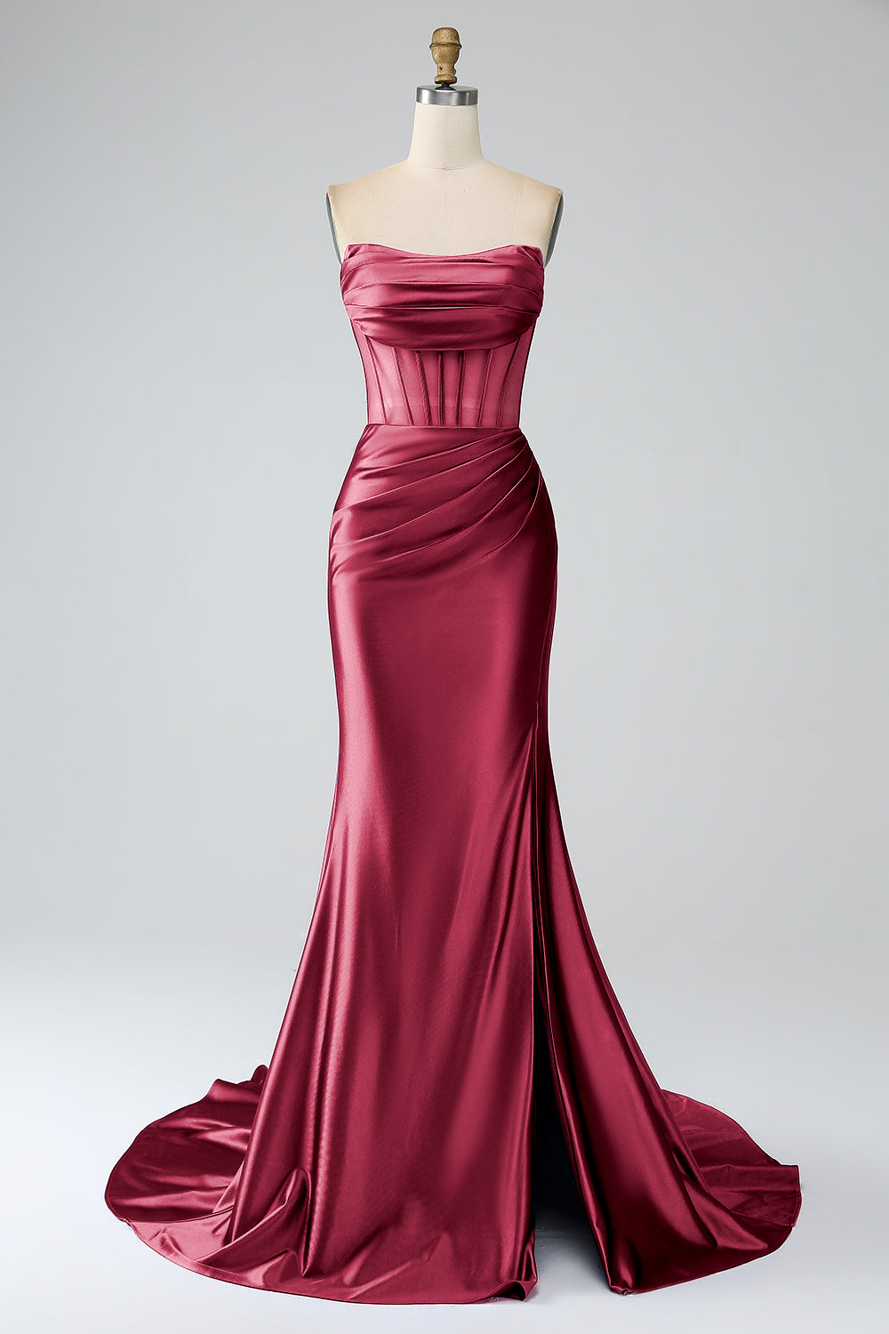 Zapakasa Women Blush Pink Prom Dress Mermaid Strapless Pleated Corset Long Party Dress with Slit Zapakasa Women Blush Pink Prom Dress Mermaid Strapless Pleated Corset Long Party Dress with Slit