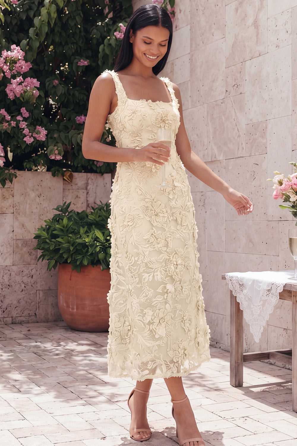 Square Neck A Line Blue Floral Maxi Wedding Guest Dress