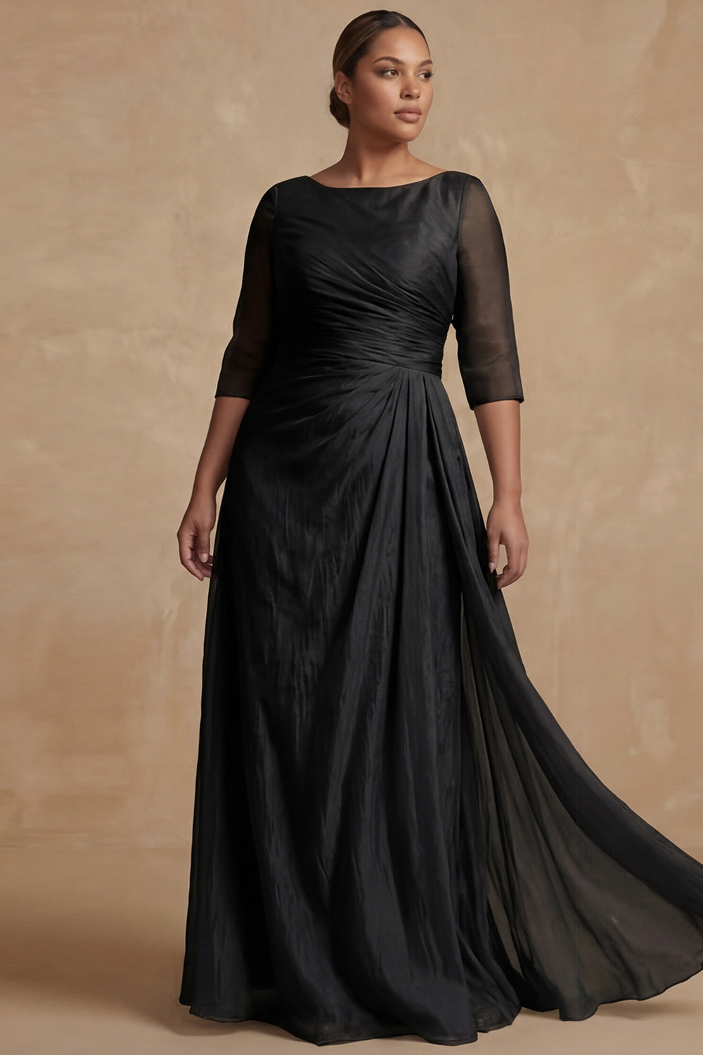 Dusty Sage Bateau Neck A Line Long Mother of the Bride Dress with Sleeves
