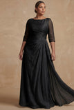 Dusty Sage Bateau Neck A Line Long Mother of the Bride Dress with Sleeves