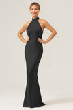 Champagne Halter Long Bridesmaid Dress with Back Slit