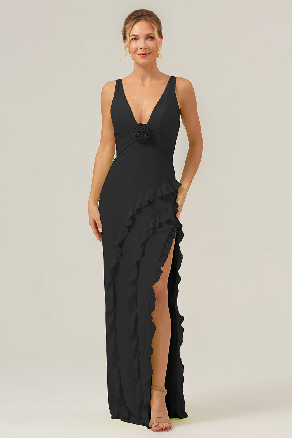 Lime Deep V Neck Ruffles Long Bridesmaid Dress with Slit