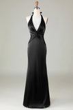 Elegant Black Satin Halter Mermaid Bridesmaid Dress Open Back Maxi Prom Dress