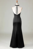 Taupe Sheath Halter Satin Long Bridesmaid Dress