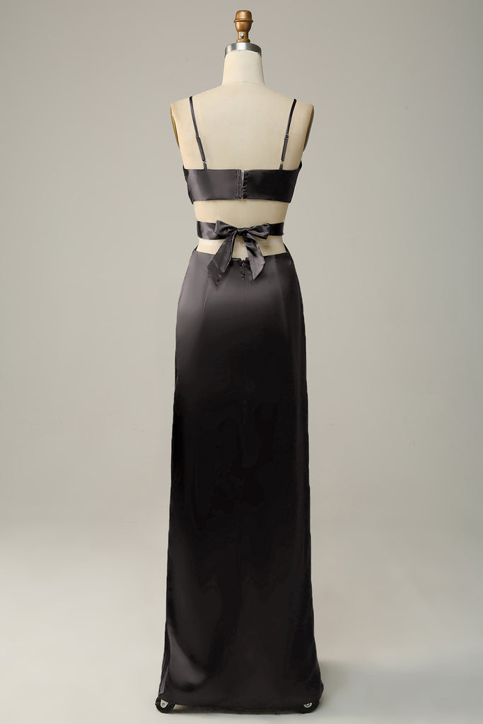 Spaghetti Straps Eucalyptus Pleats Long Wedding Guest Dress with Ruffle Side