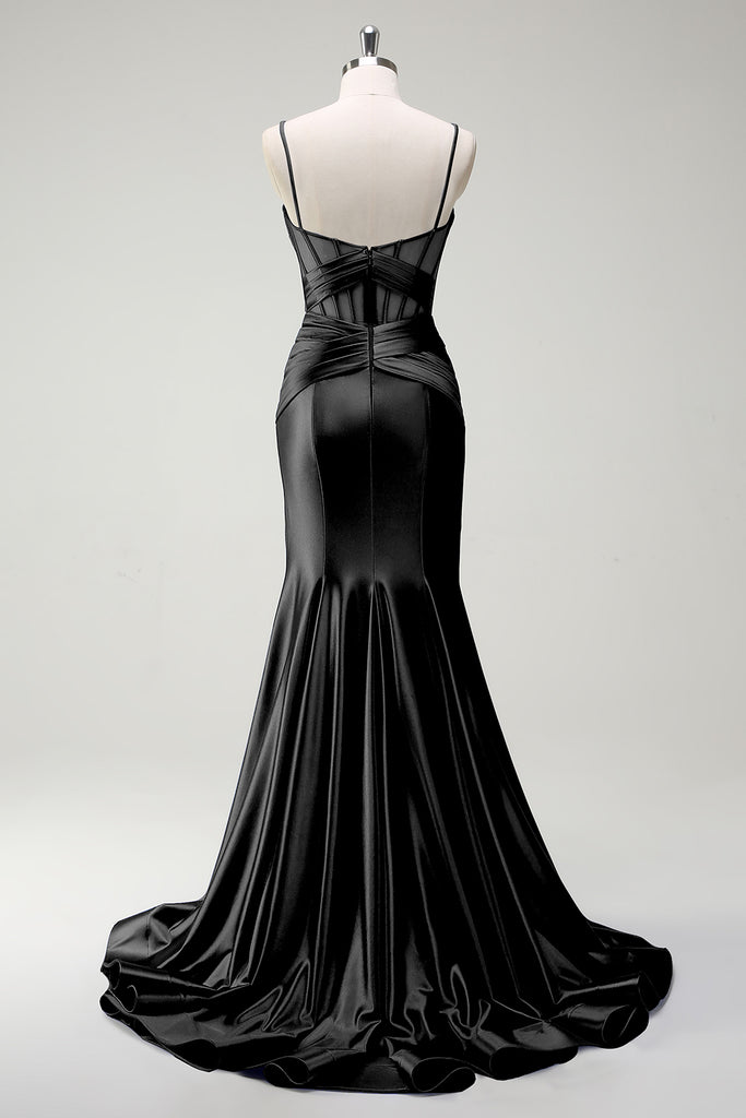 Royal Blue Elegant Mermaid Satin Spaghetti Strap Long Formal Prom Dress Beaded Formal Gown main image 1