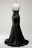 Mermaid Fuchsia Spaghetti Straps Beaded Long Prom Dress with Slit