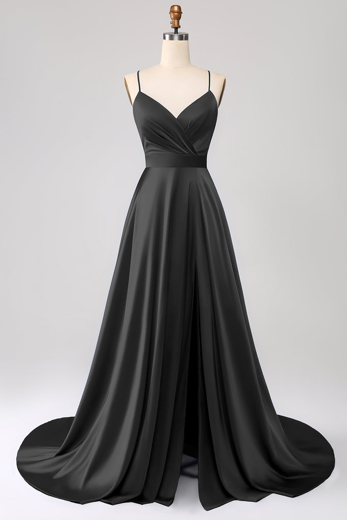 Sexy A Line Spaghetti Strap Lace Black Satin Open Back Prom Dress